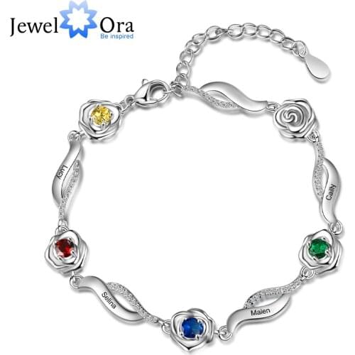 JewelOra Designer Personalized Rose Flower Bracelets with 1-5 Name Engraving Customized Inlaid Birthstone Bracelets & Bangles