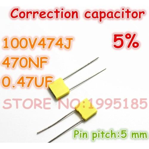 100pcs/lot correction Capacitor 100V474J 470NF 0.47UF 5% Metallized polyester film capacitor Pin pitch 5 mm