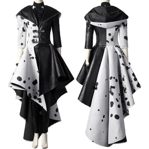 Movie Black And White Witch Cosplay Costume Cruella Spots Outfit For Girl Halloween Carnival Fashion Clothing