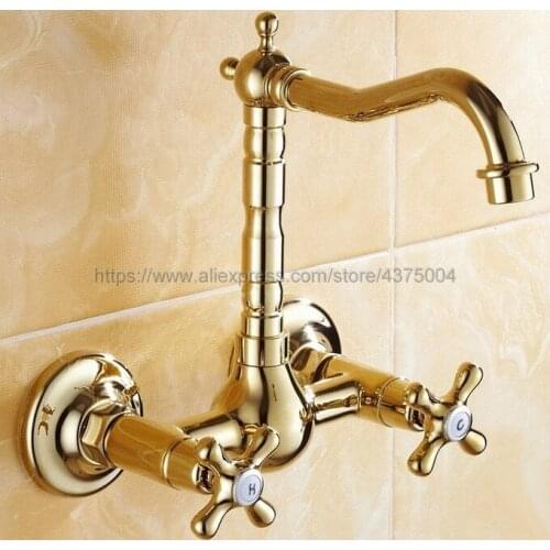 Basin Faucets Golden Wall Mounted Kitchen Bathroom Sink Faucet Dual Handle Swivel Spout Hot Cold Water Tap Nsf101