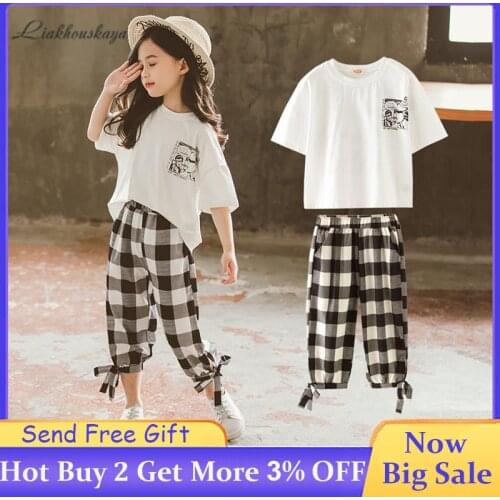 Summer Girls Clothing Sets Girls Fashion Cotton Print T-Shirt + Bow Plaid Wide Leg Pants Girls Leisure Suit Kids Clothes 3-13 Y