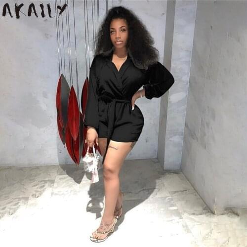 Akaily Summer Streetwear White Loose Bandage Rompers Womens Short Jumpsuit Black V Neck Long Sleeve Lace Up Playsuit Female 2021