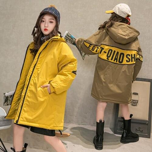 HOT Baby Girls' winter coat 4-15 years old warm coat Stitching printed letters hooded padded trench coat kids winter jacket