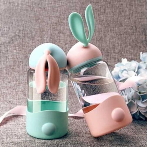 Cute Cartoon Rabbit Glass Crystal Water Bottles Leak-proof Anti-scalding Clear Tumbler Tea Coffee Juice Drink Cup with Filter