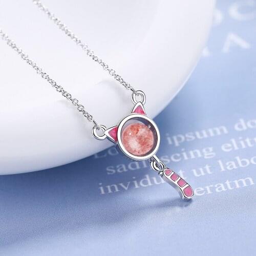 Cute Lovely Pink Animal Pendants Necklace Strawberry Crystal Beads kawaii Cat Small Pendant Chain And Link Necklace Accessories