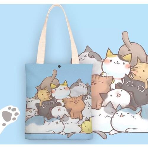 Womens Cute Cat Pattern Sweet One-Shoulder Canvas Bag Lolita Hand-Carried Bag Preppy Style Shopping Bag Fashion Accessories
