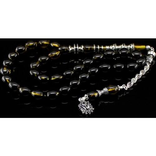 33 Beads Squeezed Amber Amber Muslim Prayer Tasbih Misbaha Islamic Jewelry Subha Capsule Cut Tassel 925 Caliber Silver