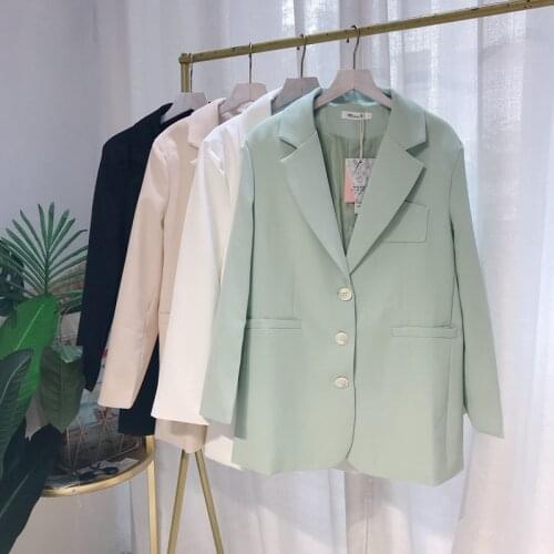 Solid Color Womens Long Blazer Single Breasted Suit Jacket Autumn Loose Coat Korean Casual Office Ladies Formal Blazer 2021