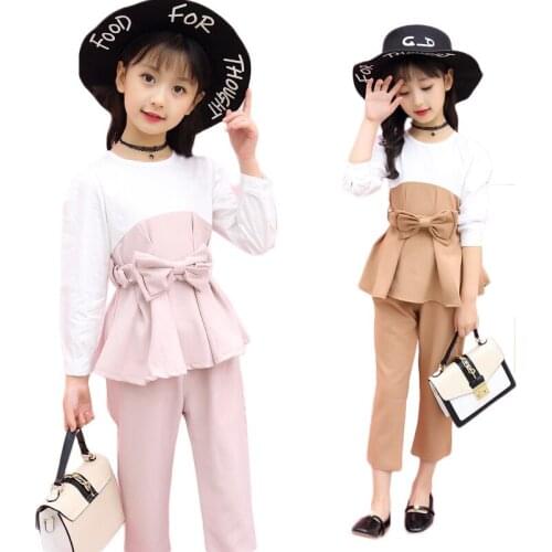 Girls 'Autumn Coat+pant Suit New Childrens Wear Big Kids Spring Stitching Bow 3 Colors 4-12 Ages Gray Pink Brown