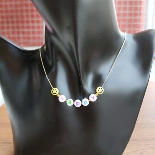 1pc Happy Letter Necklace Hand Made Summer Round Letters Bead With 925 Silver Gold Chain Necklace For Girls Gift