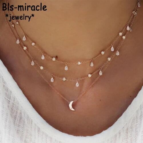 2020 Boho Fashion Pendant Necklaces For Women Vintage Gold Crystal Drop Moon Necklace Multilayer Female Jewelry Wedding Gift