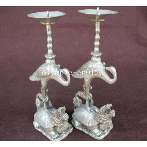 Pair 8''bronze copper silver plating carvings crane on Dragon turtle candlestick
