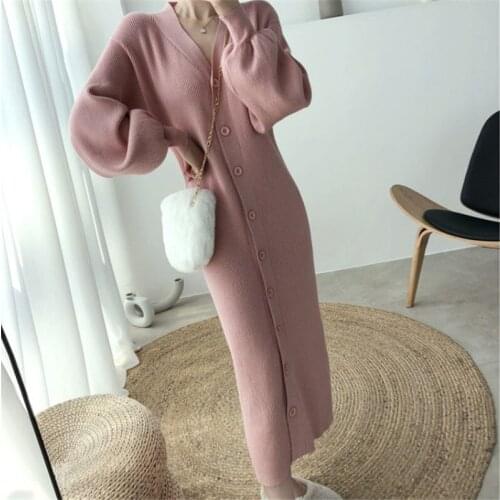 2020 Autumn Winter V-neck Lantern Sleeve Thick Sweater Dress Fur Dress Women Elegant Loose Mini Dress Female Chic Straight Dress