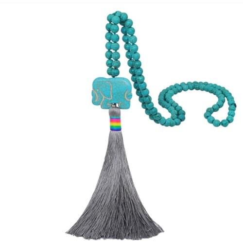 Handmade Weave Elephant Shape Green Turquoises Pendant Long Beads Chain Necklace with Tassels Jewelry