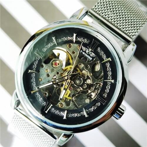 Winner 2020 Silver Mechanical Watch Automatic Mens Skeleton Mesh Band Steampunk Transparent Stainless Steel Sport Clock Relogio