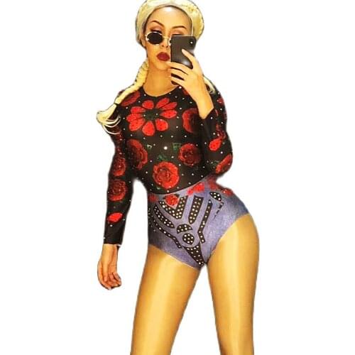 Red Rose Print Long Sleeve Women Bodysuit O Neck Sparkly Rhinestone Leotard Party Show Performance Stage Wear Nightclub Costume