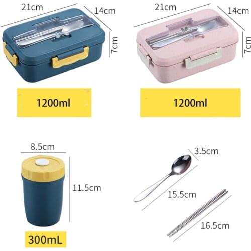 Wheat Straw Lunch Box with Compartments Portable Bento Box Japanese Style Leakproof Food Container for Kids with Tableware