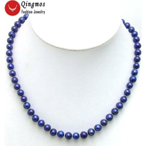 Qingmos Dark Blue Pearl Necklace for Women with Natural 7-8mm Round Freshwater Pearl Chokers Necklace 17" Women Jewelry 5450