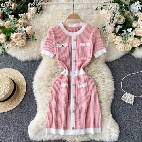 Pink Button Pocket Bodycon Knitted Dress Summer 2021 New Short Sleeve Sexy&Club Sheath Mini Pencil Dresses for Women Party