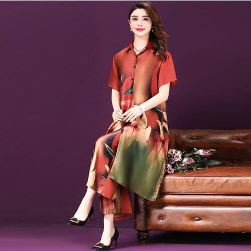 Early Autumn 2020 Retro Casual Style Turn-down Collar Printing X-long Short-sleeved Shirt +Loose Wide-leg Pants Two-piece Suit