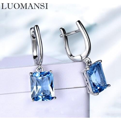 Luomansi Rectangular Topaz/Emerald Drop Earrings 100%-S925 Sterling Silver Womens Party Birthday High Jewelry Gift