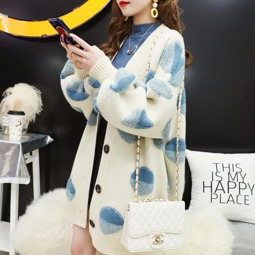 Thick Warm Sweater Cardigan Womens Long Paragraph Autumn 2021 New Loose Long-Sleeved Dot Pattern Sweater Jacket