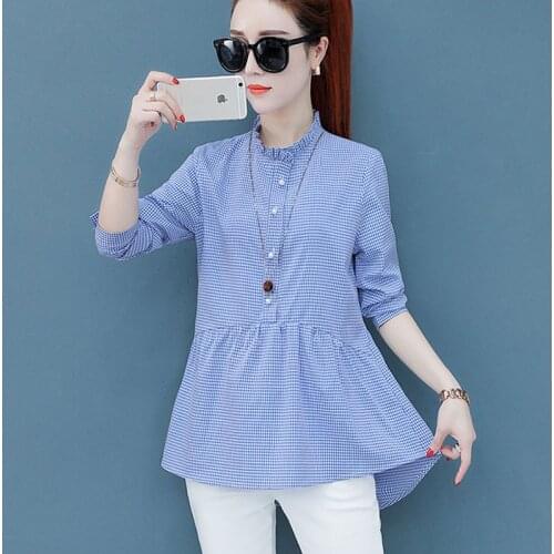 Spring Basic Shirts Blouses Hot Women Fashion Long Sleeve Casual Ruffled Top Cute Peplum Belly Design Plaid Shirt Blue DD2388