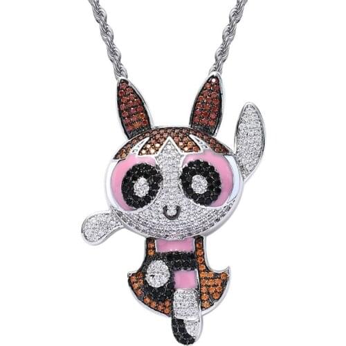 Hip Hop Jewelry Cartoon Girl Blossom Pendant Pave AAA Cubic Zircon Iced Out Necklace For Women Girl Party Jewelry Gift
