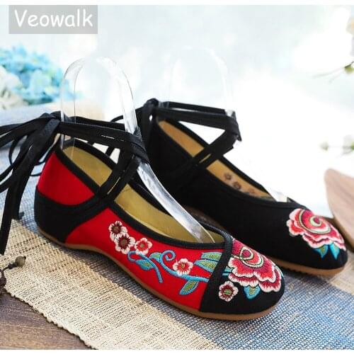 Veowalk Handmade Womens Old Peking Ankle Strap Canvas Flats Ladies Embroidery Dancing Casual Shoes Zapatos Mujer Big Size 34-43
