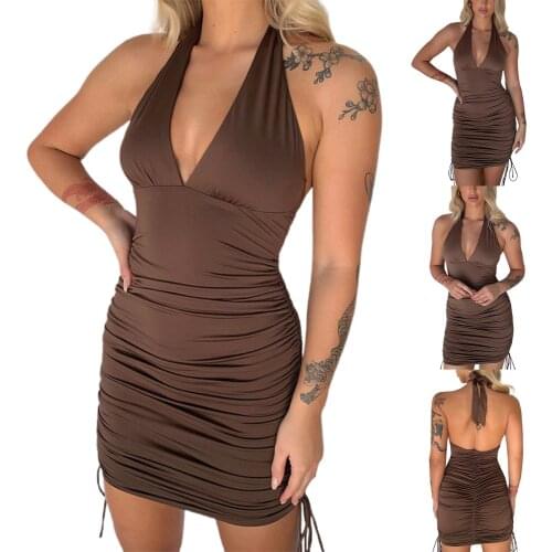 Women Close-fitting Halter Neck Dress, Brown Elastic Tie Up Drawstring Sexy Casual Solid Color Backless Sleeveless , S/ M/ L