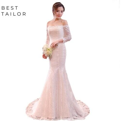 Mermid Lace Wedding Dresses 2021 Off the Shoulder Elegant Long Sleeves Brush Bridal Bride Gown vestido de novia robe mariage