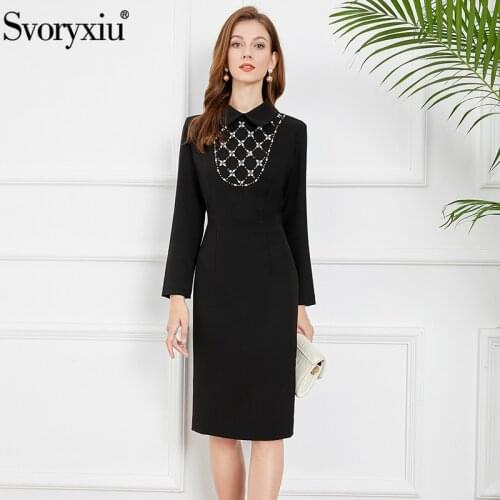 Svoryxiu Autumn Fashion Woman Black Red Retro Half Dress Lapel Rhombus Beaded Crystal Female Elegant Evening Party Dresses XXL