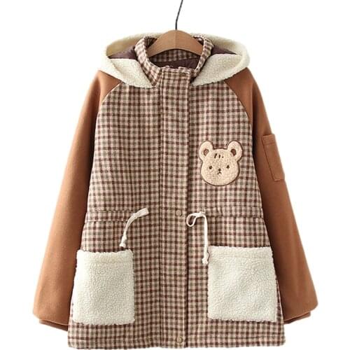 Winter Japanese Soft Girl Padded Coat Women Harajuku Kawaii Fax Fur Lamb Jacket Teen Brown Vintage Plaid Warm Outerwear Overcoat
