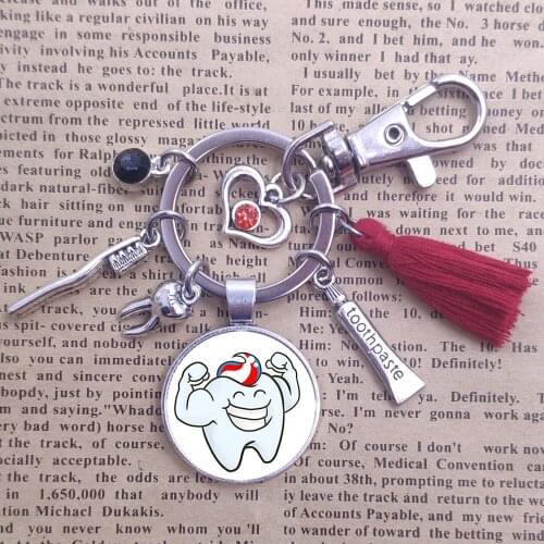 25MM Time Gem Charm Dentist Tooth Toothbrush Toothpaste Keychain Key Ring Tassels Men Women Party Lovely Gift BP001-040