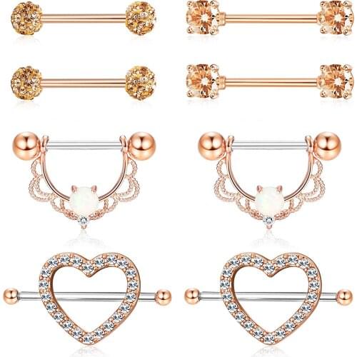 4 Pairs 14G Stainless Steel Nipplerings Nipple Tongue Rings CZ Opal Barbell Body Piercing Jewelry