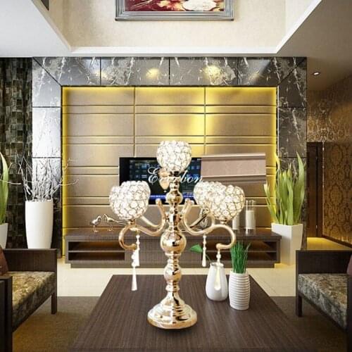 5 Arms Metal and Cystal Candle Holders Candelabra with Hanging Crystal Drops for Wedding Party Centerpieces, Table Decorations