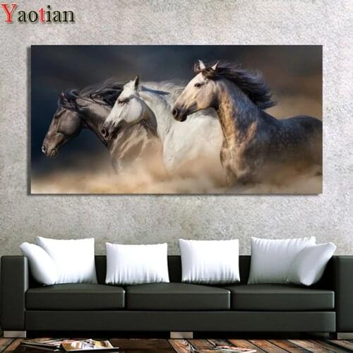 Large Three Running Horses diamond Painting full square round mosaic diamond set 3d cross Stitch Entrance hallway wall decor