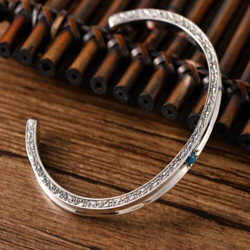 BOCAI 2021 New Real Pure s925 Silver Jewelry Opening Retro Trendy Mens Bracelet Inlaid with Turquoise