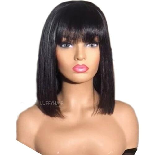 Factory Price Bob Silk Base Scalp Top Wigs With Bangs Full Machine Made Human Hair Wigs Silky Straight Bob Wigs 150% Density