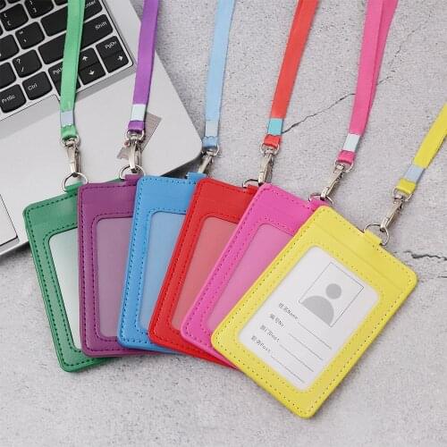 PU Leather Card Holder With Rope Lanyard Work CardS Sleeve ID Badge Case Clear Bank Credit Card Holder Cover Office Supplies