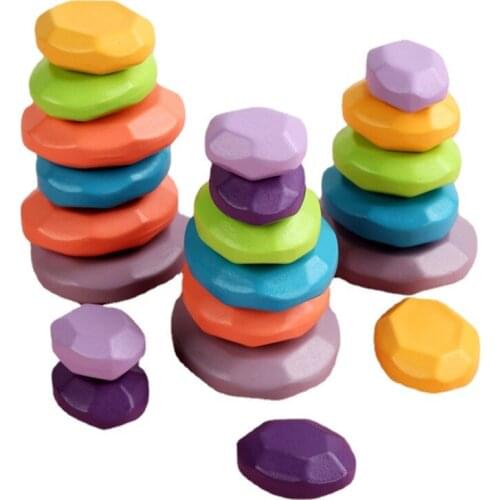 Wooden Rainbow Simulation Colorful Balancing Stone Sets Building Block Stacking Game Construction Toys For Children