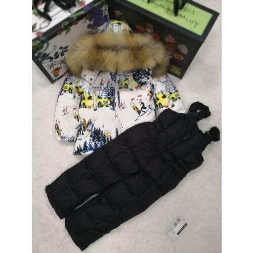 80cm -140cm 2021 Winter Jacket Children down jackets & PANT duck down Fur hooded girl snowsuit boy Suit set outerwear ski suit
