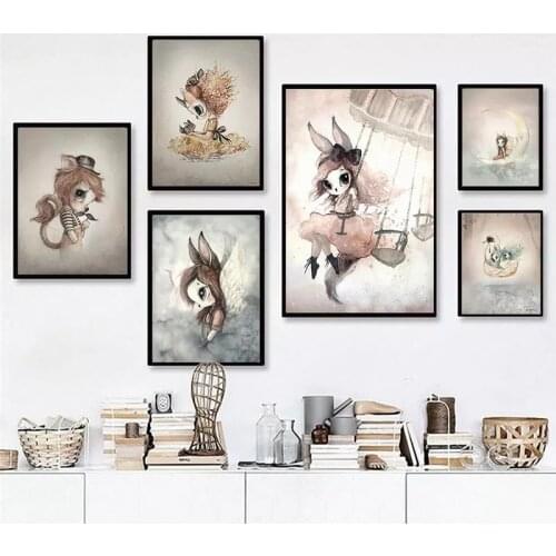 Living Room Home Decor Poster Print Nordic Canvas Painting Girl Bedoom Wall Picture Deer Rabbit Angle Wing Animal Abstract Sweet