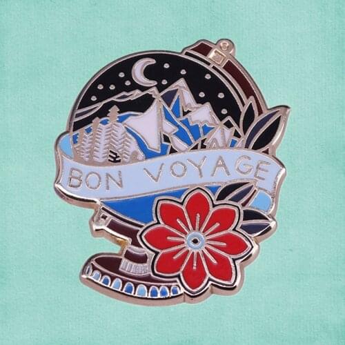 Great adventure Travel Map Globe flower enamel pin Bon Voyage brooch