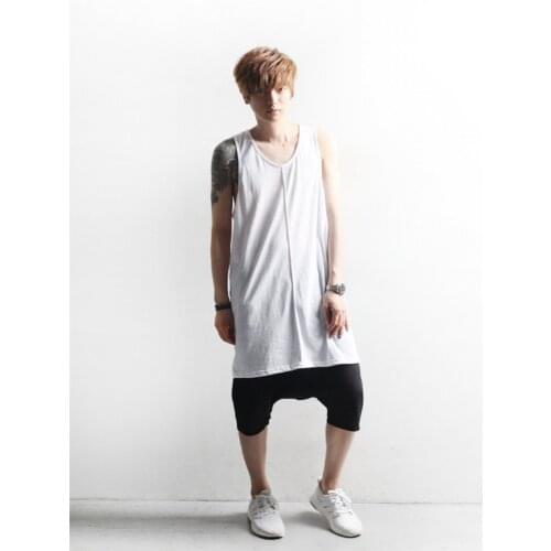 Mens summer large size simple basic front quilted thin perspective slit large size long vest T-shirt