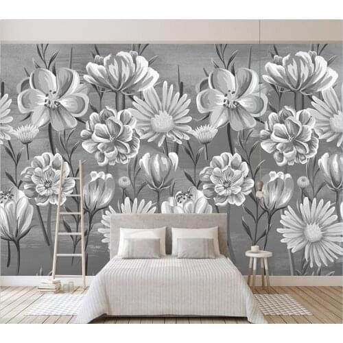 Customized wallpaper 3d Nordic minimalist fresh hand-painted black and white flowers watercolor style background wall home decor