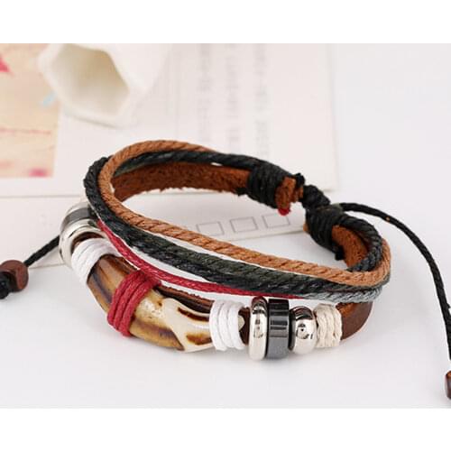 Kirykle Braided wolf teeth leather vintage bracelet fro men Multi layer handmade bone rope cool mens bracelet rock punk jewelry