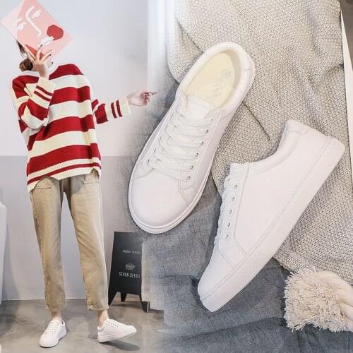 Fashion Women Shoes Platform Sneakers Ladies Lace-up Casual Shoes Breathable Walking Pu Leather Shoes White Flat Girl