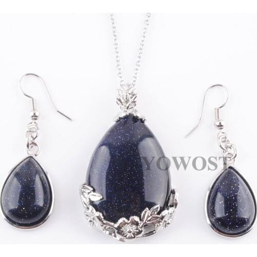 Easter Day gift Natural Stone Jewelry Sets for Female Pendulum Pendant Earrings Necklace Set Chain 45cm Length Blue Sand QQ3071
