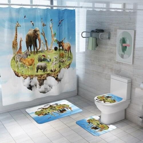 Bathroom Decor Waterproof Shower Curtain Set Toilet Seat Cover Non-Slip Bath Mat Rug Carpet Polyester Fabric Washable